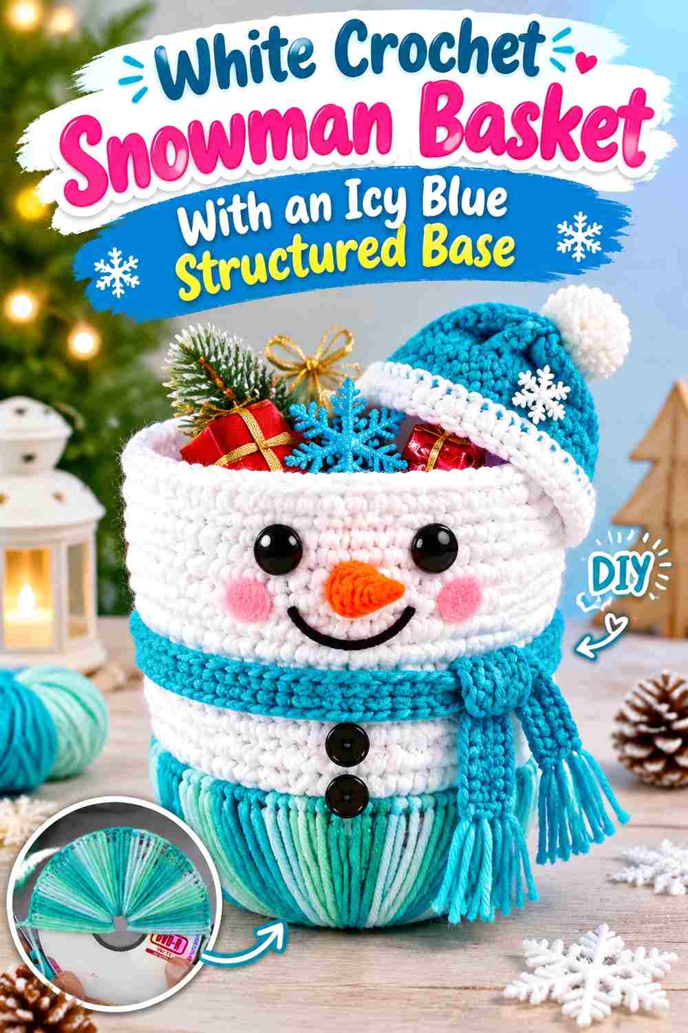 11. White Crochet Snowman Basket With An Icy Blue Structured Base