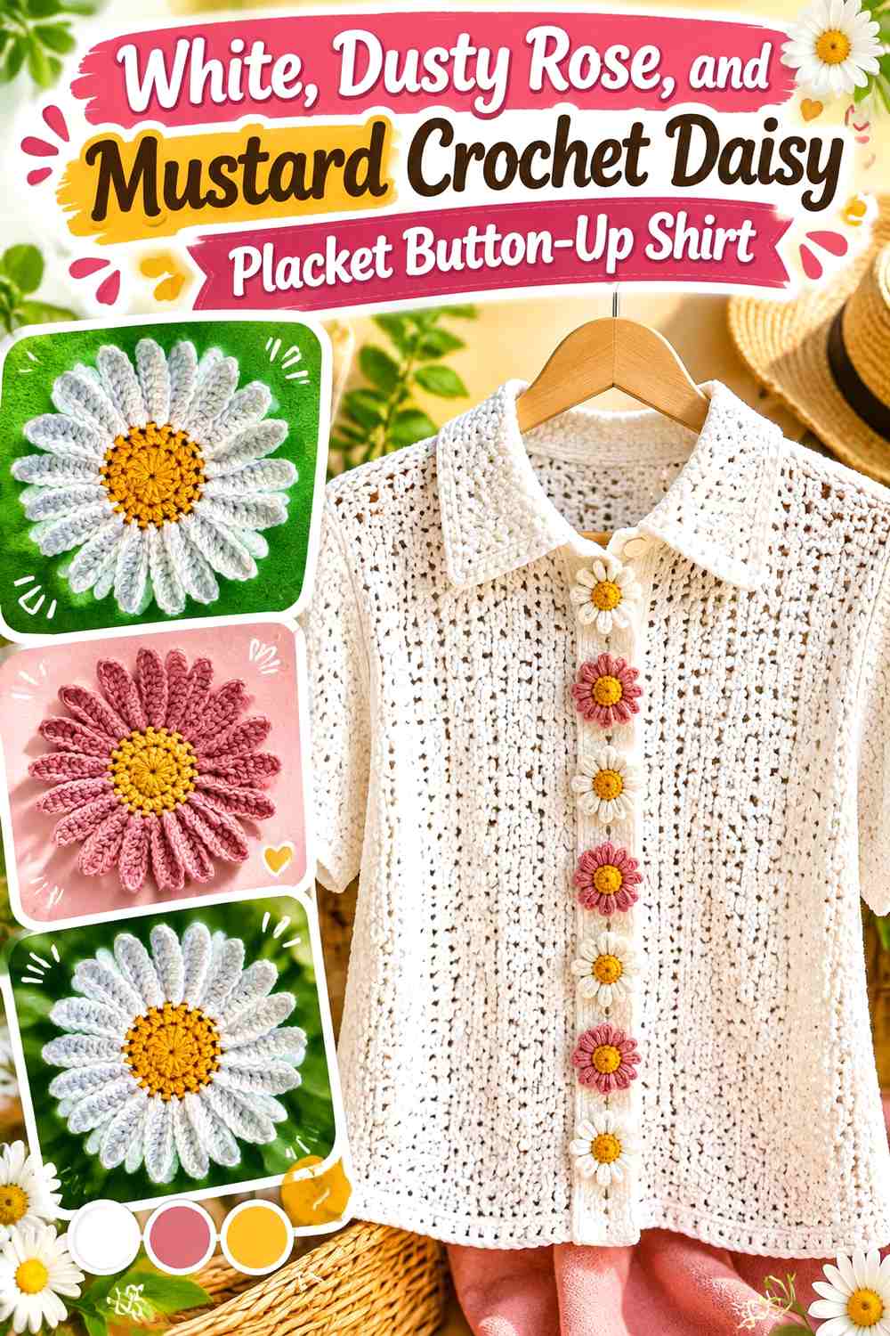 White, Dusty Rose, and Mustard Crochet Daisy Placket Button-Up Shirt