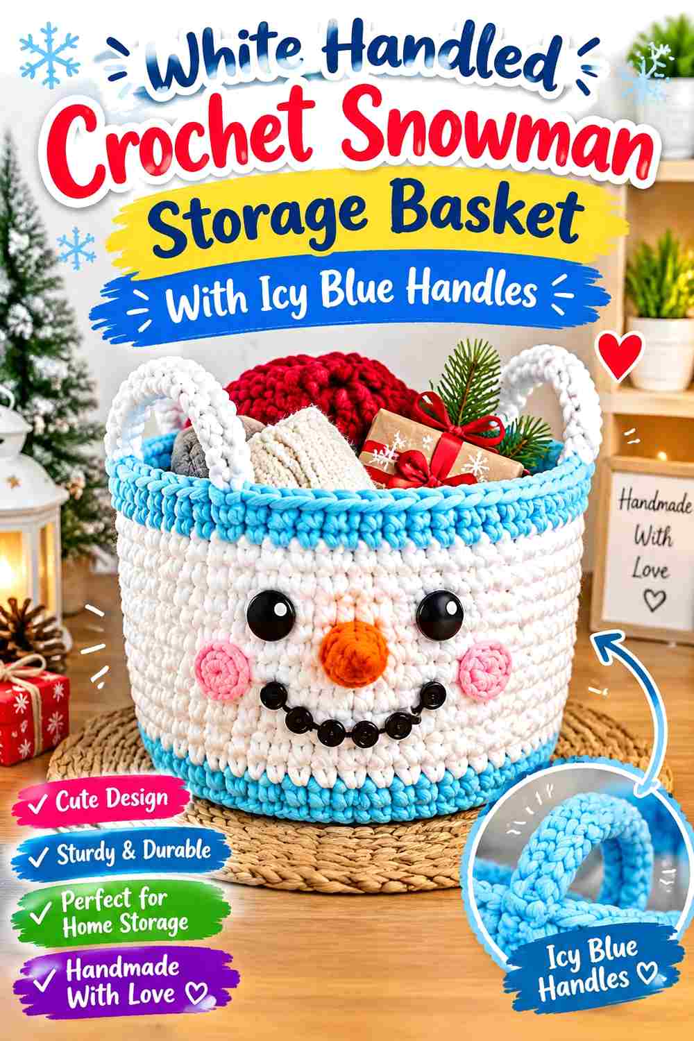9. White Handled Crochet Snowman Storage Basket With Icy Blue Handles