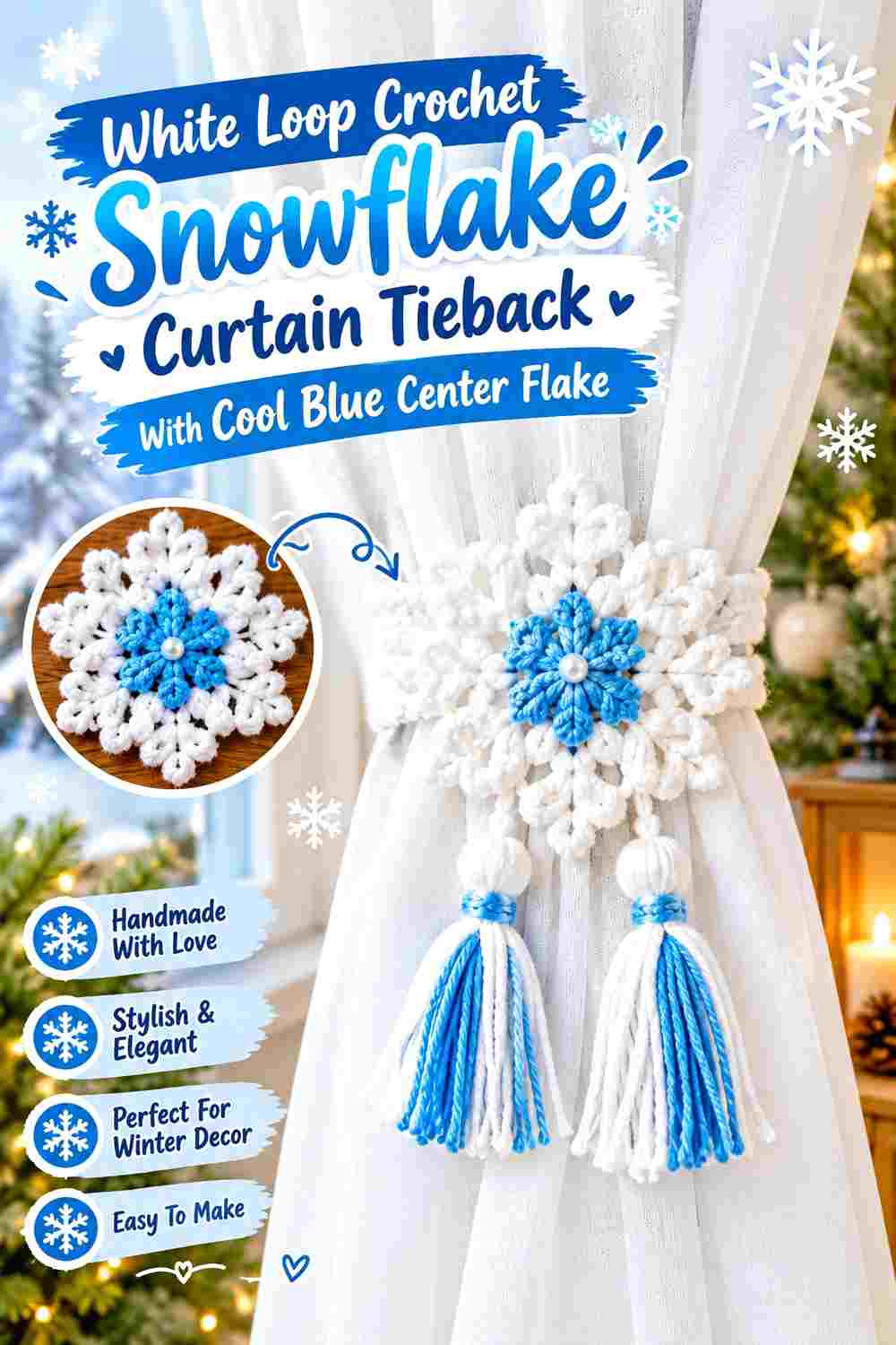 12. White Loop Crochet Snowflake Curtain Tieback With Cool Blue Center Flake