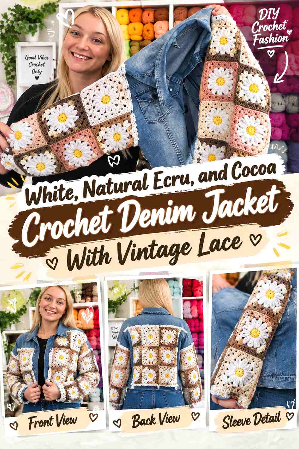White, Natural Ecru, and Cocoa Crochet Denim Jacket With Vintage Lace