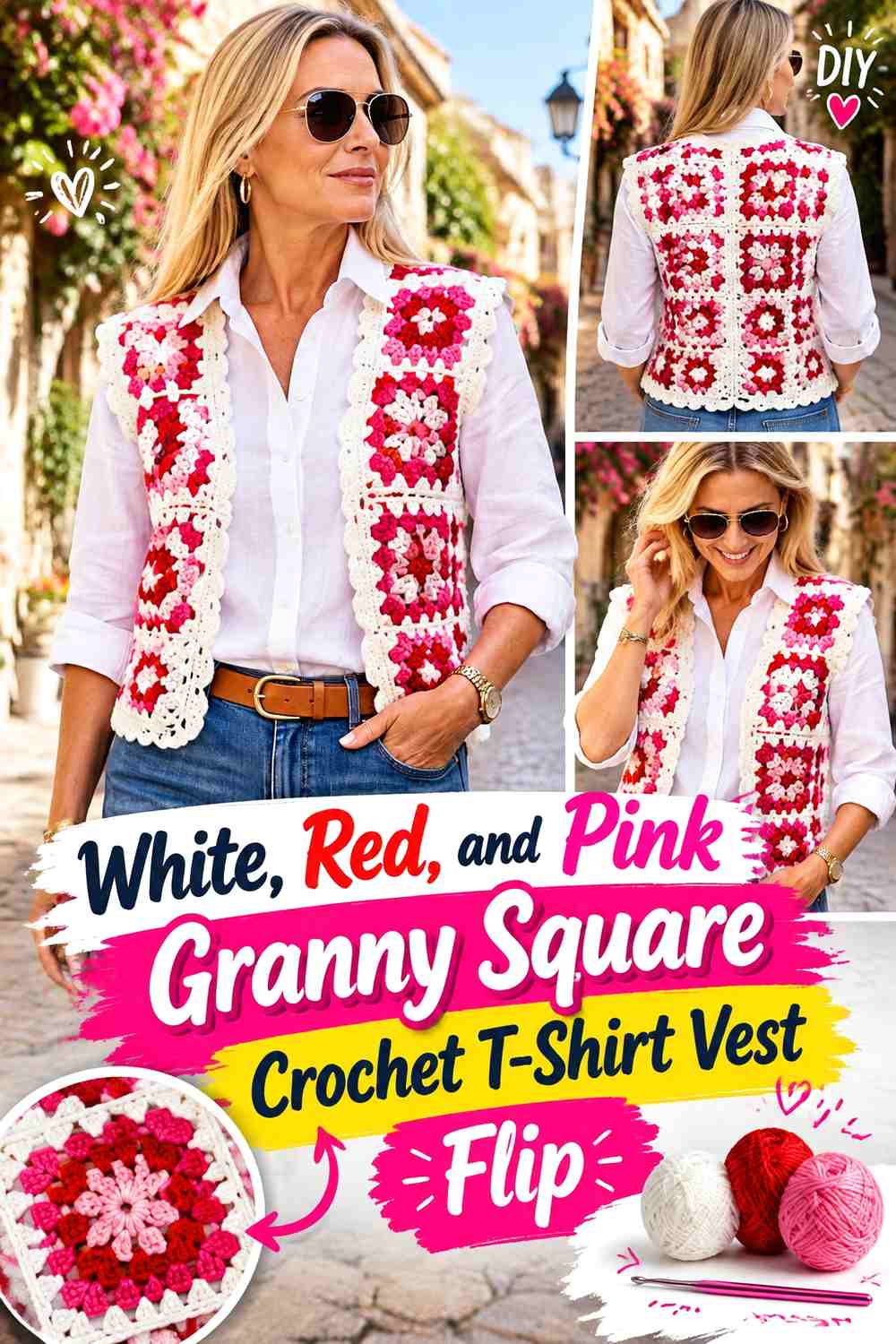 White, Red, and Pink Granny Square Crochet T-Shirt Vest Flip