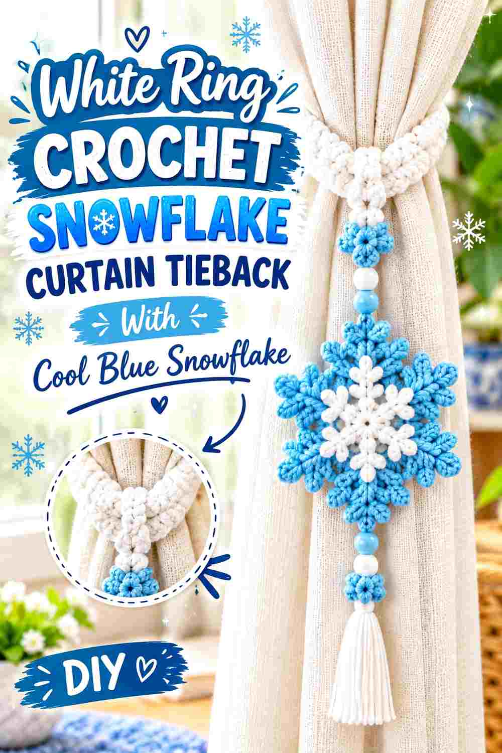 6. White Ring Crochet Snowflake Curtain Tieback With Cool Blue Snowflake
