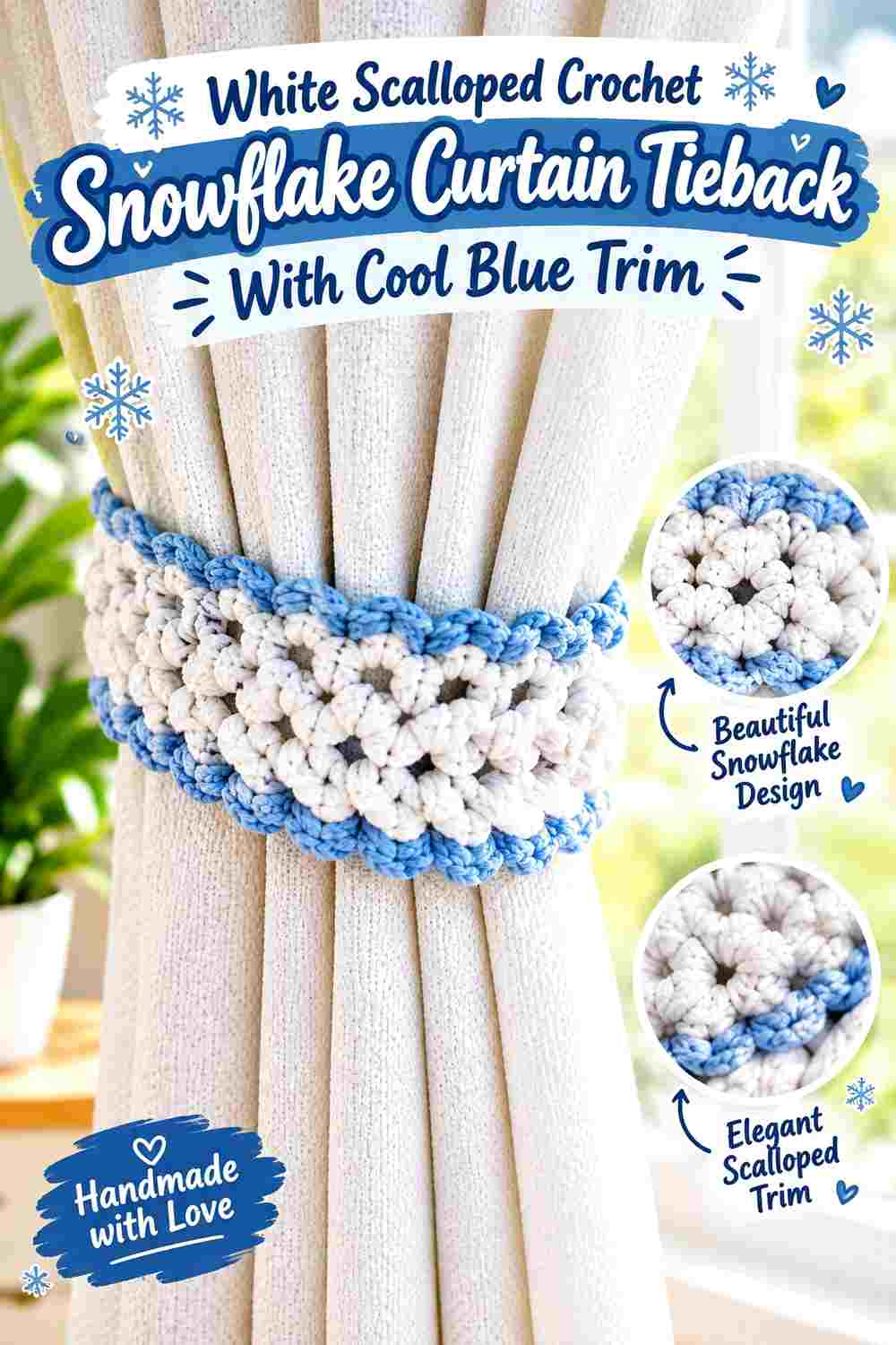 14. White Scalloped Crochet Snowflake Curtain Tieback With Cool Blue Trim
