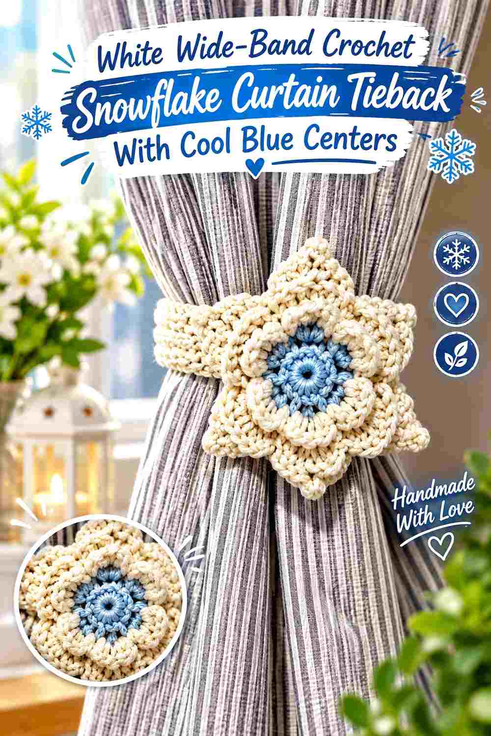 10. White Wide Band Crochet Snowflake Curtain Tieback With Cool Blue Centers