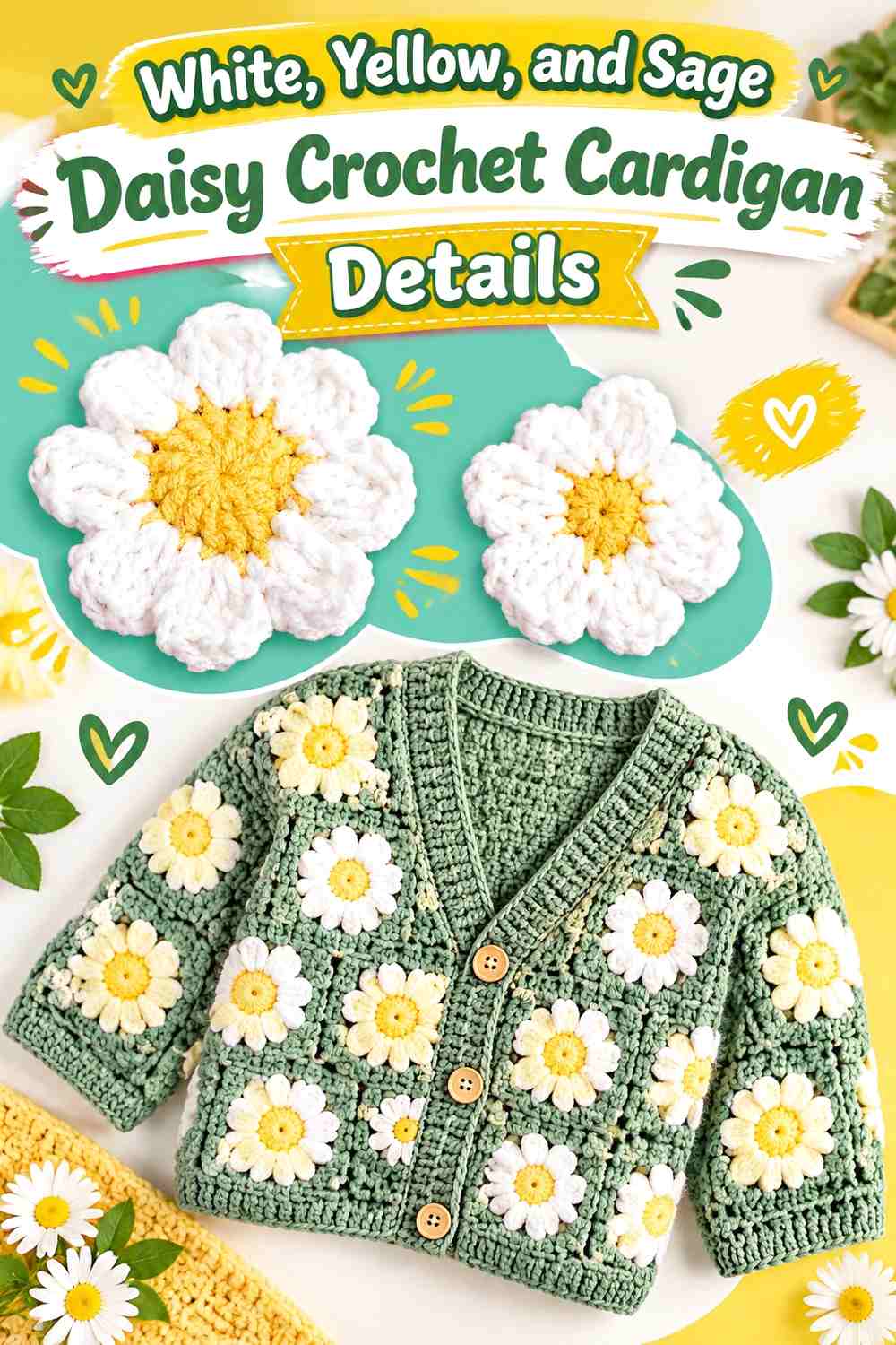 White, Yellow, and Sage Daisy Crochet Cardigan Details