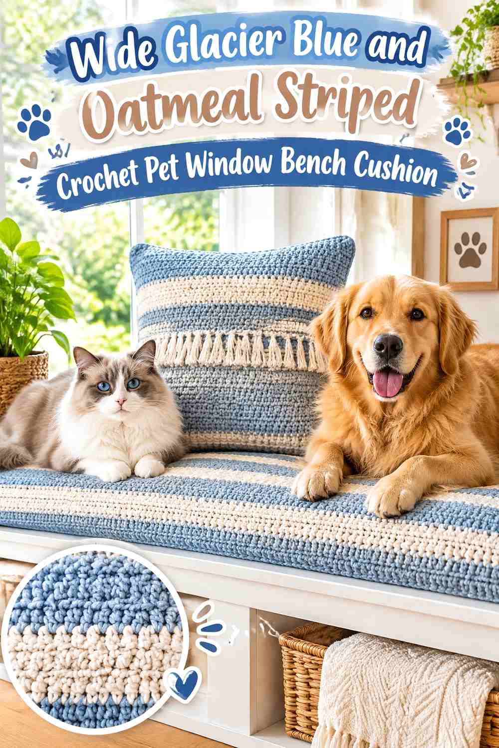 Wide Glacier Blue and Oatmeal Striped Crochet Pet Window Bench Cushion