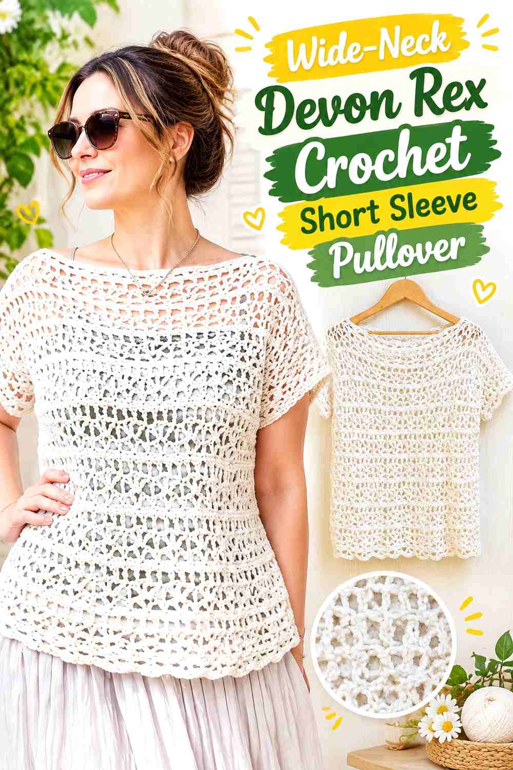 Wide-Neck Devon Rex Crochet Short Sleeve Pullover