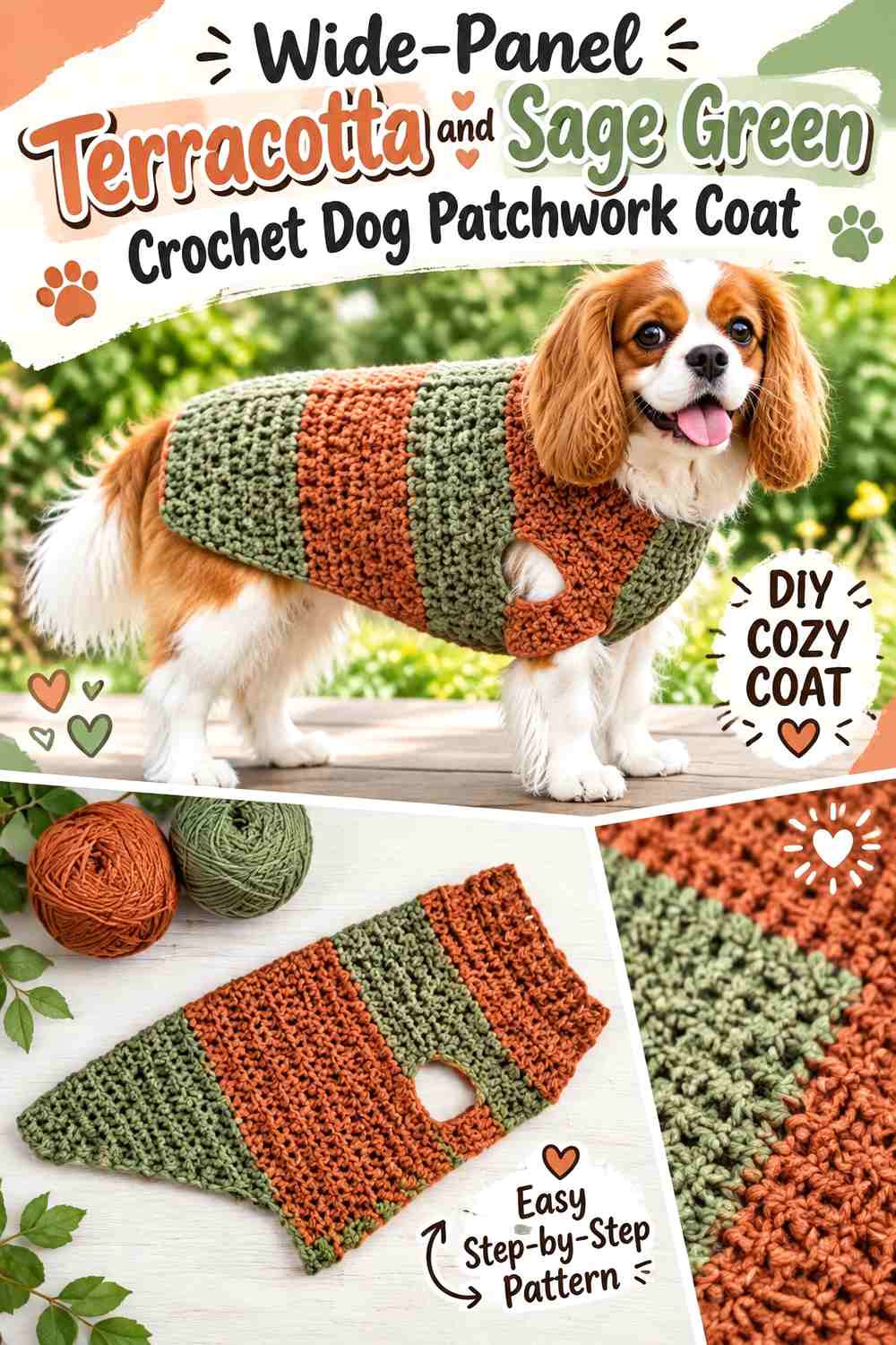 Wide-Panel Terracotta and Sage Green Crochet Dog Patchwork Coat