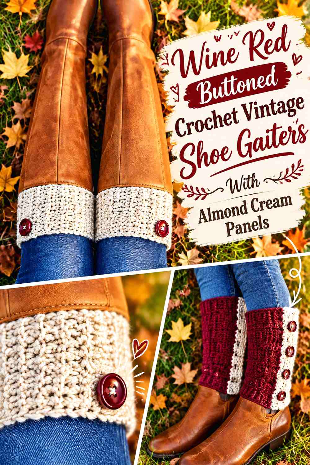 Wine Red Buttoned Crochet Vintage Shoe Gaiters With Almond Cream Panels