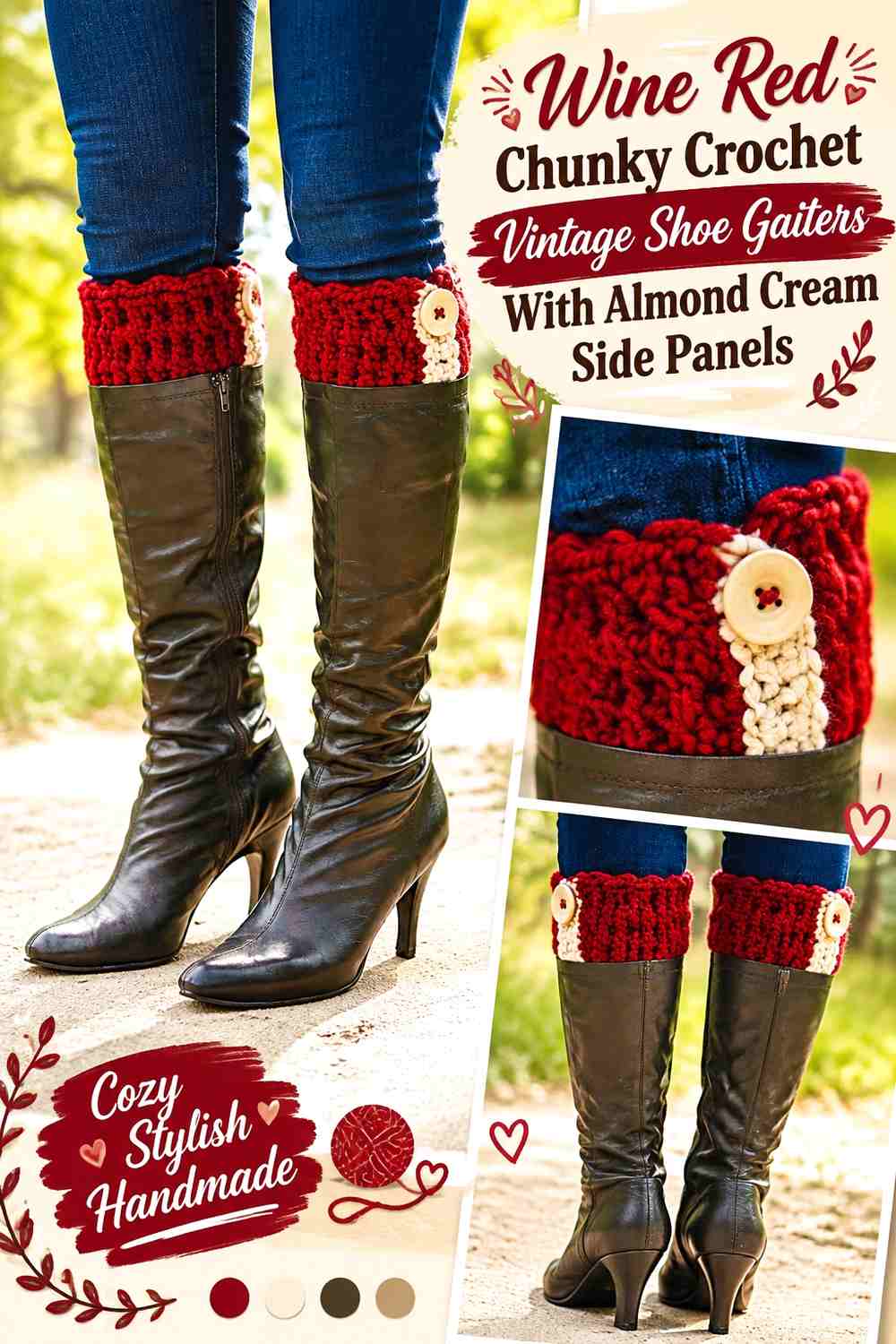 Wine Red Chunky Crochet Vintage Shoe Gaiters With Almond Cream Side Panels