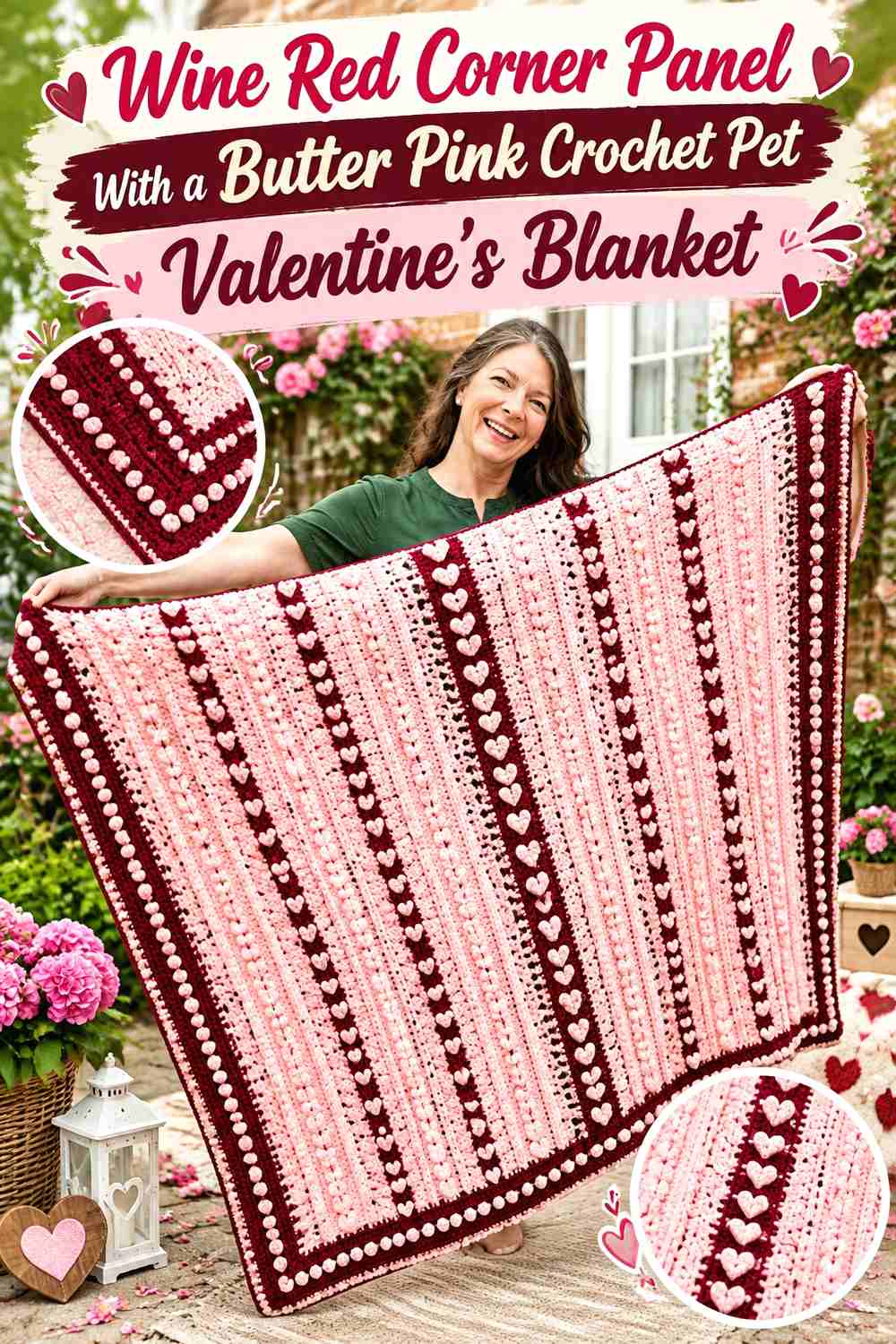 Wine Red Corner Panel With a Butter Pink Crochet Pet Valentine's Blanket
