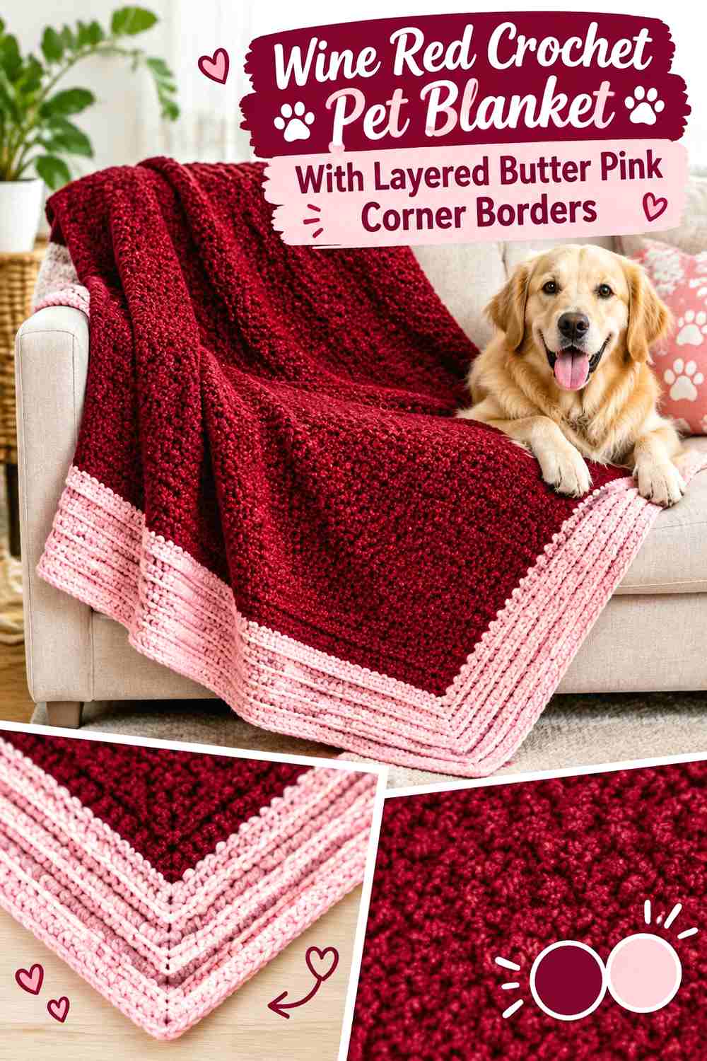 Wine Red Crochet Pet Blanket With Layered Butter Pink Corner Borders
