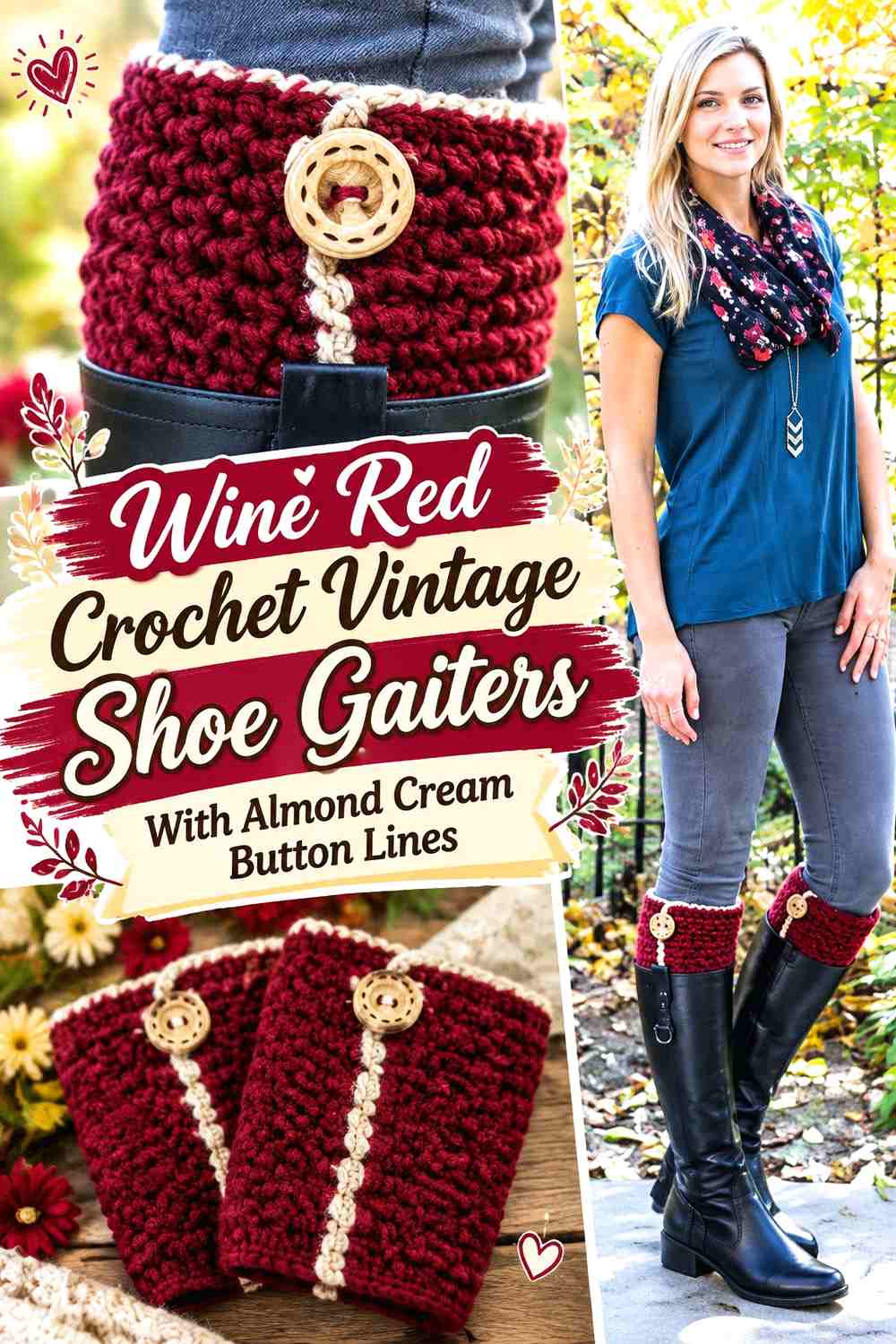 Wine Red Crochet Vintage Shoe Gaiters With Almond Cream Button Lines