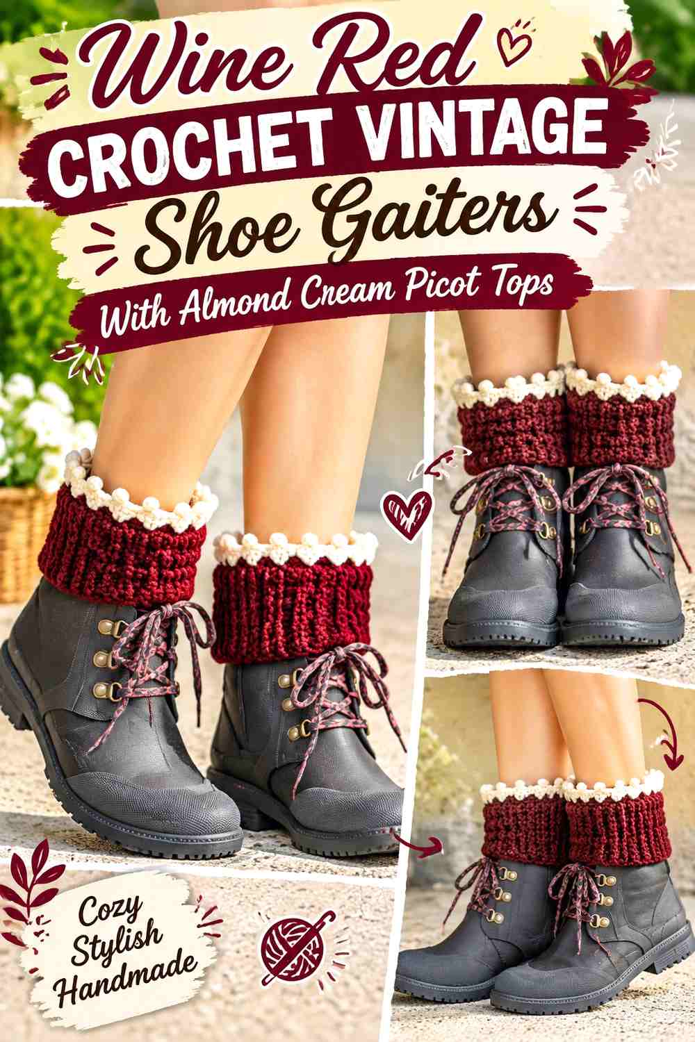 Wine Red Crochet Vintage Shoe Gaiters With Almond Cream Picot Tops