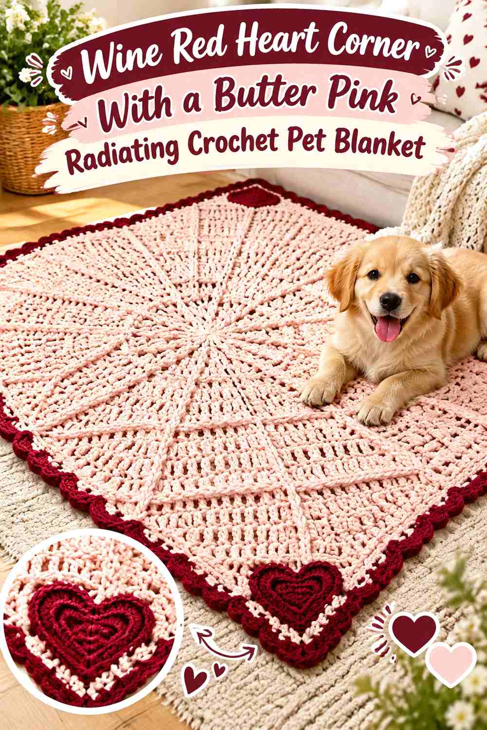 Wine Red Heart Corner With a Butter Pink Radiating Crochet Pet Blanket