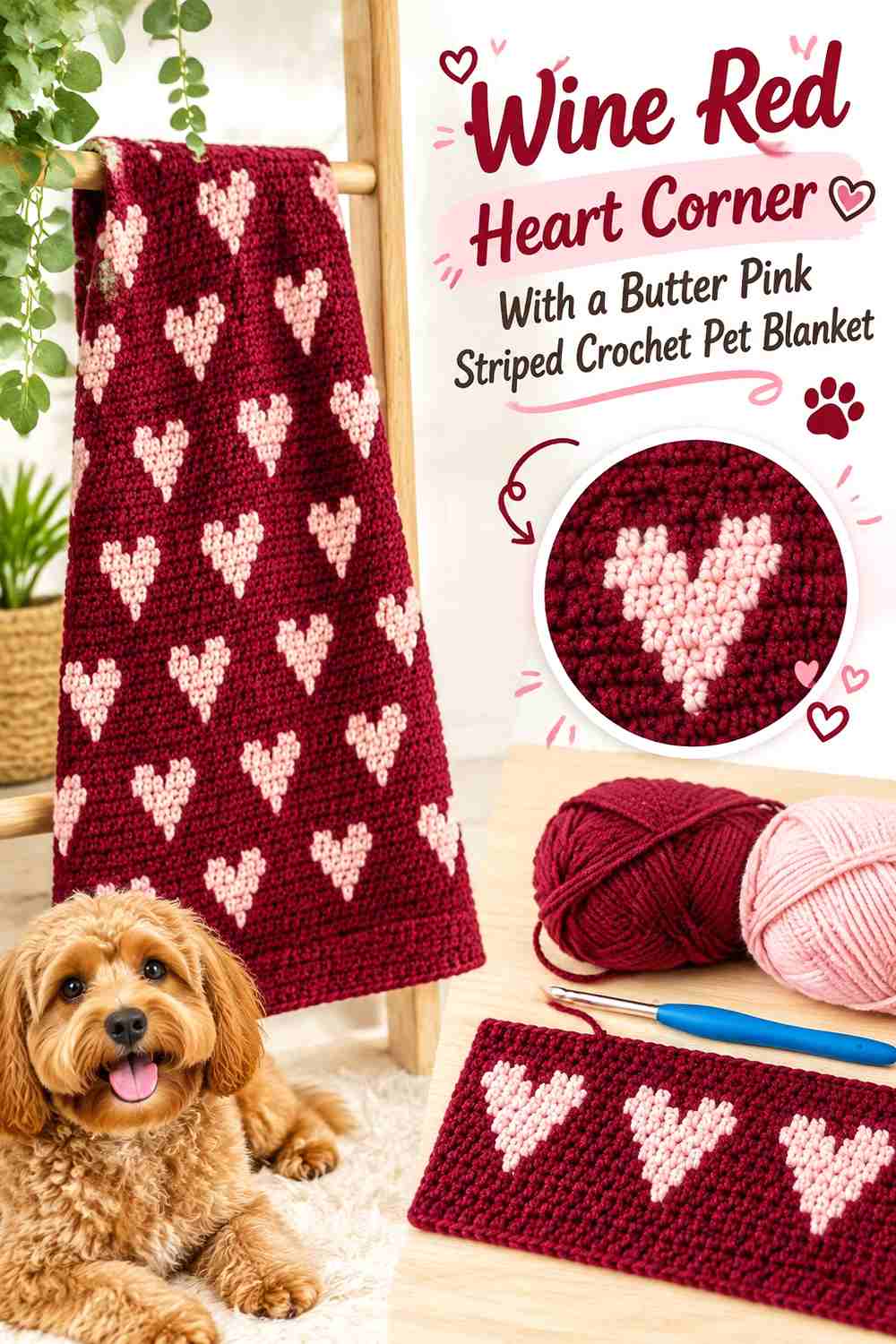 Wine Red Heart Corner With a Butter Pink Striped Crochet Pet Blanket