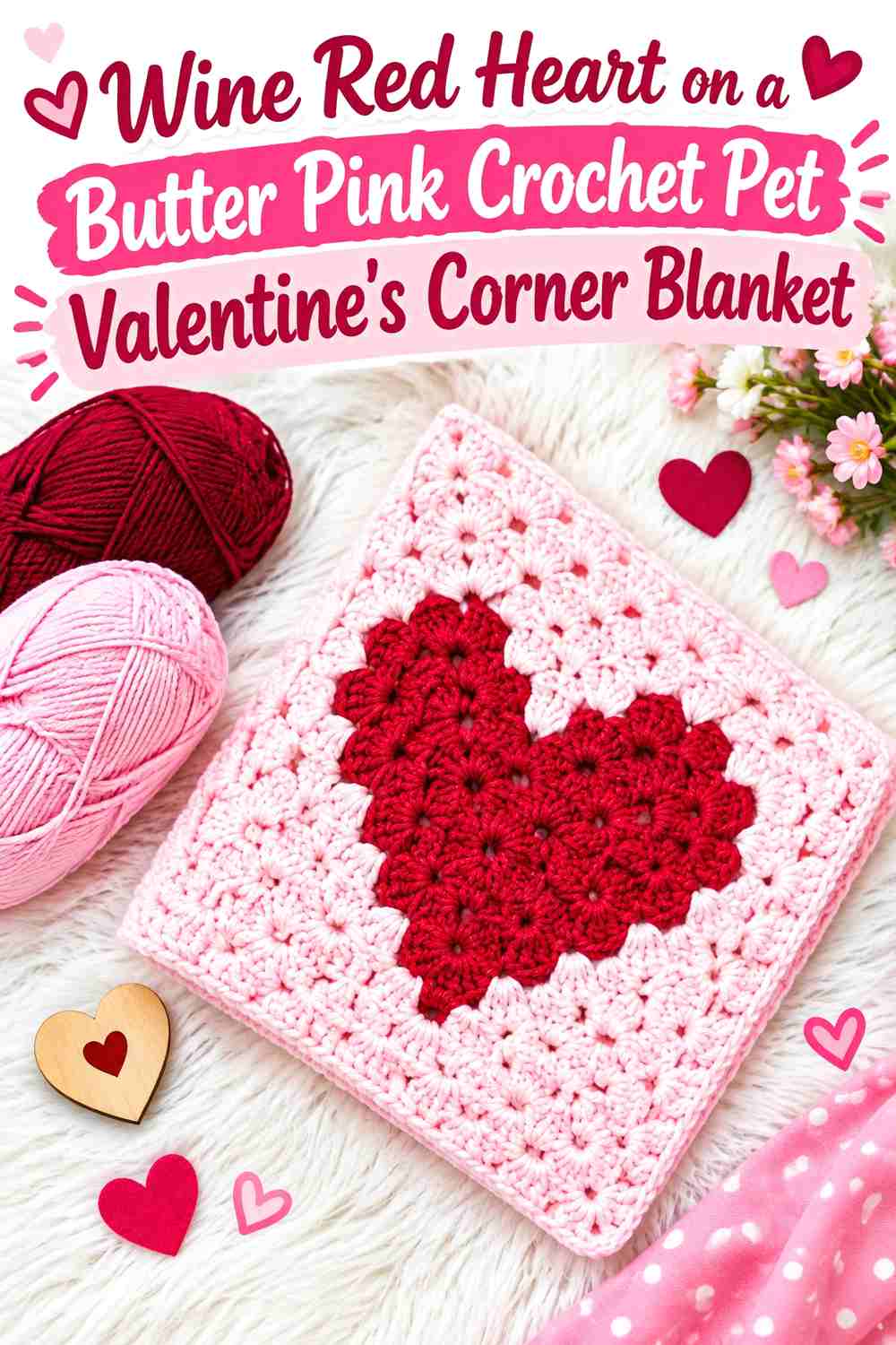 Wine Red Heart on a Butter Pink Crochet Pet Valentine's Corner Blanket