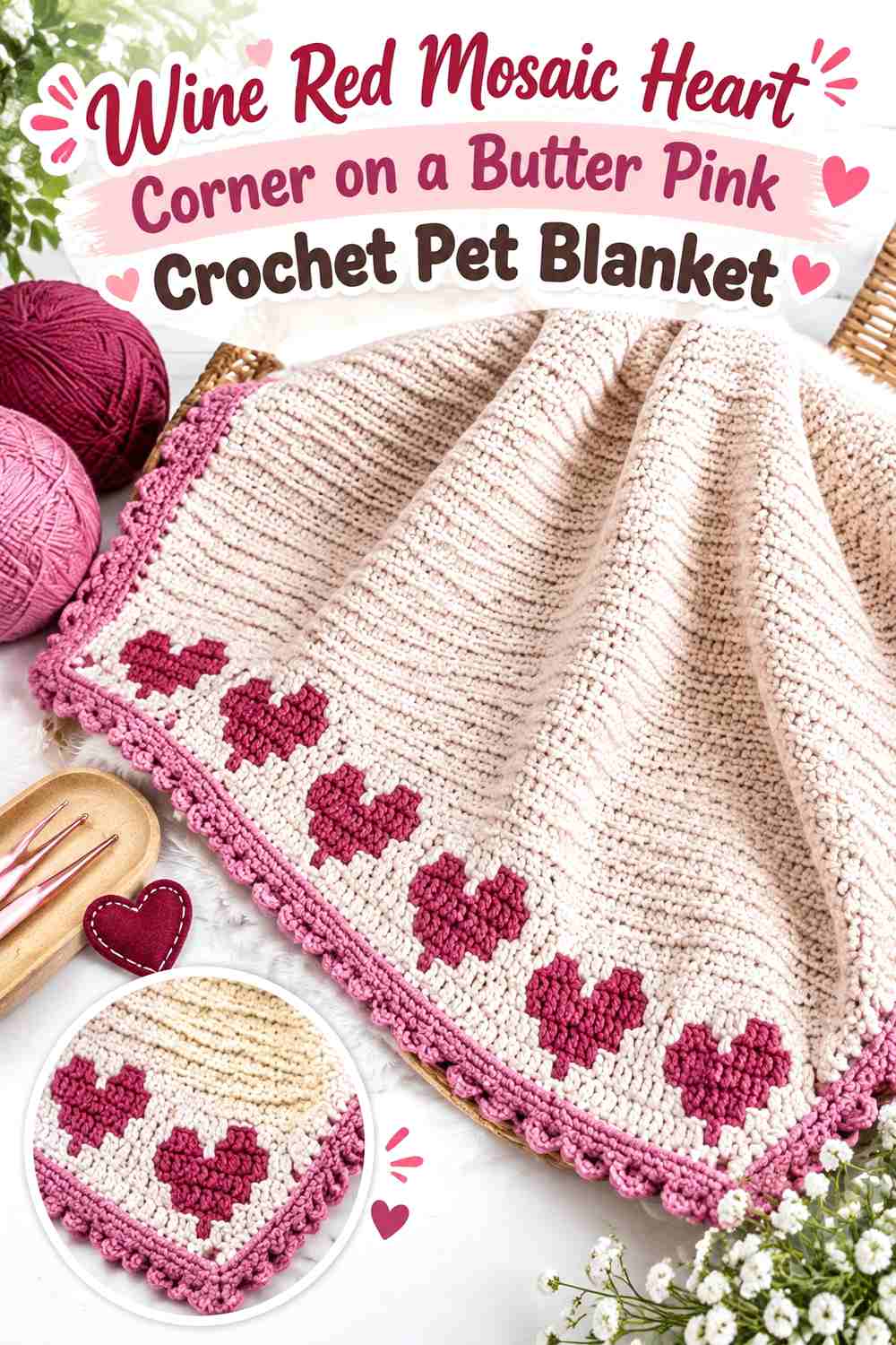 Wine Red Mosaic Heart Corner on a Butter Pink Crochet Pet Blanket
