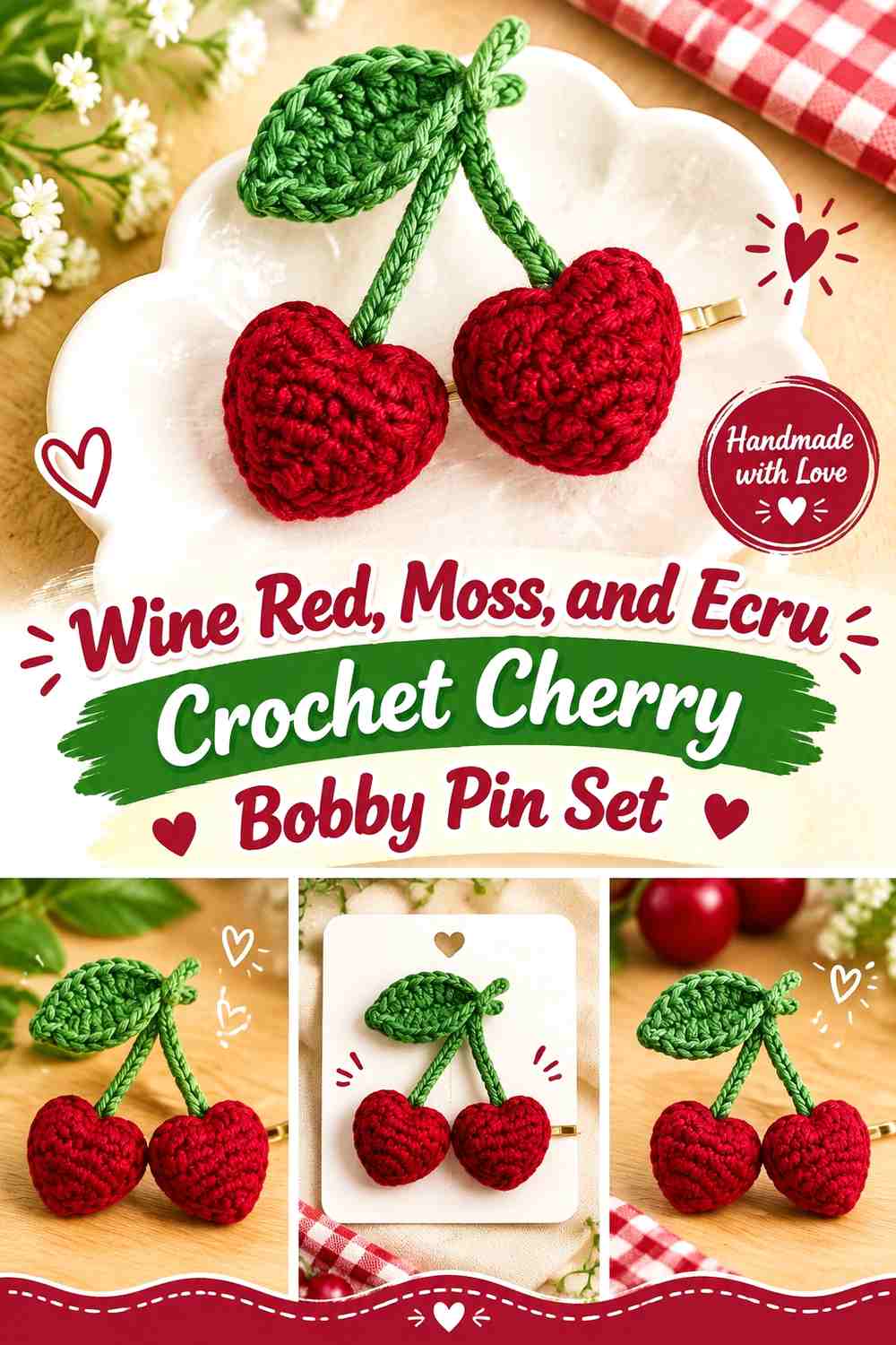 Wine Red, Moss, and Ecru Crochet Cherry Bobby Pin Set