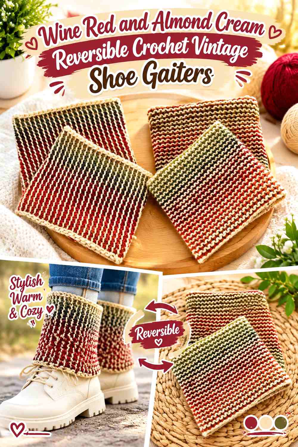 Wine Red and Almond Cream Reversible Crochet Vintage Shoe Gaiters