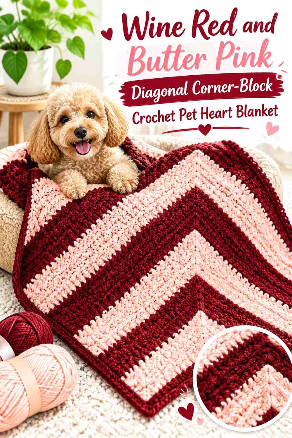Wine Red and Butter Pink Diagonal Corner-Block Crochet Pet Heart Blanket