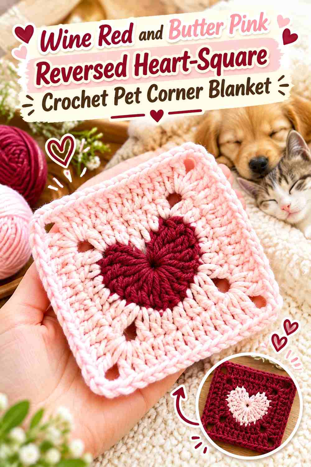 Wine Red and Butter Pink Reversed Heart-Square Crochet Pet Corner Blanket