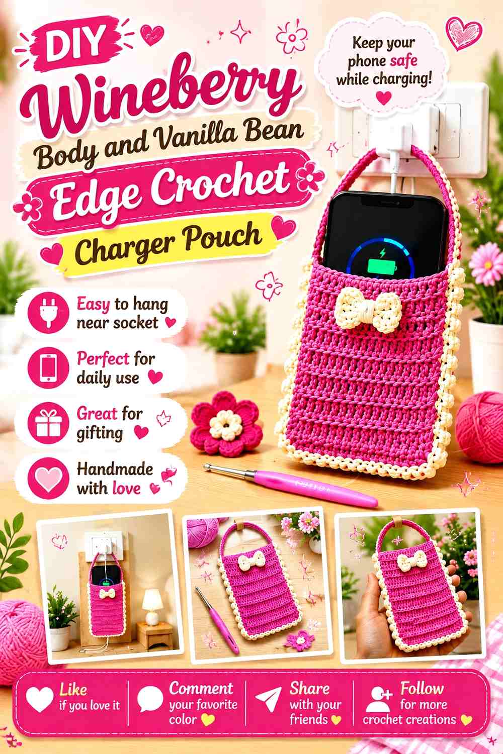 Wineberry Body and Vanilla Bean Edge Crochet Charger Pouch