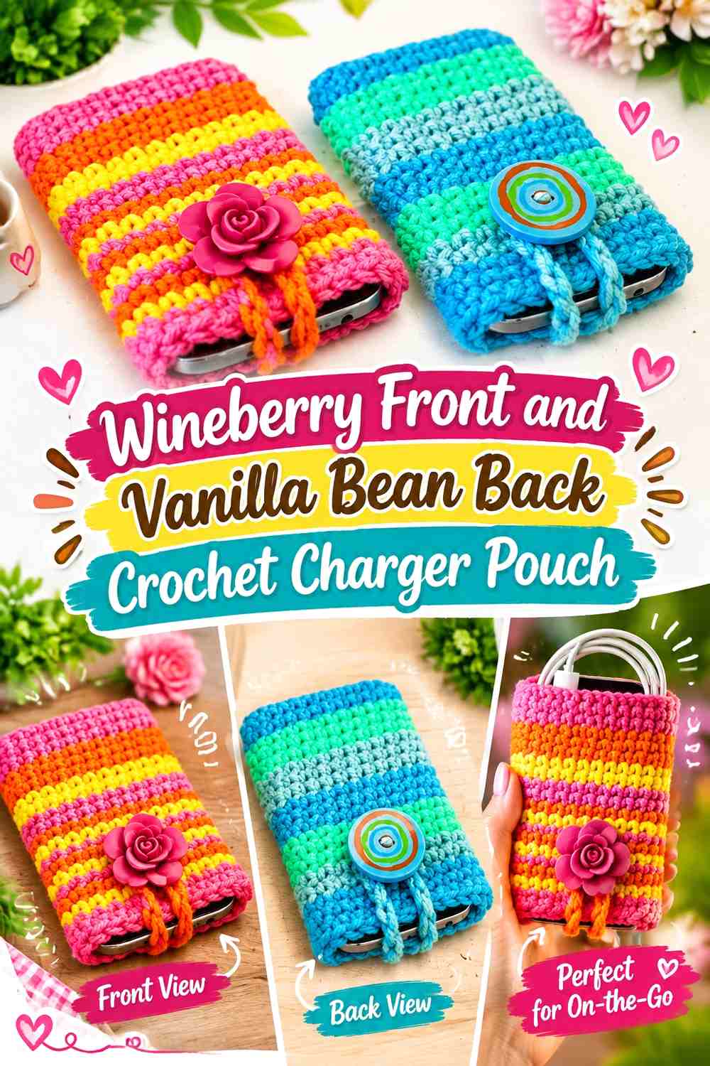 Wineberry Front and Vanilla Bean Back Crochet Charger Pouch