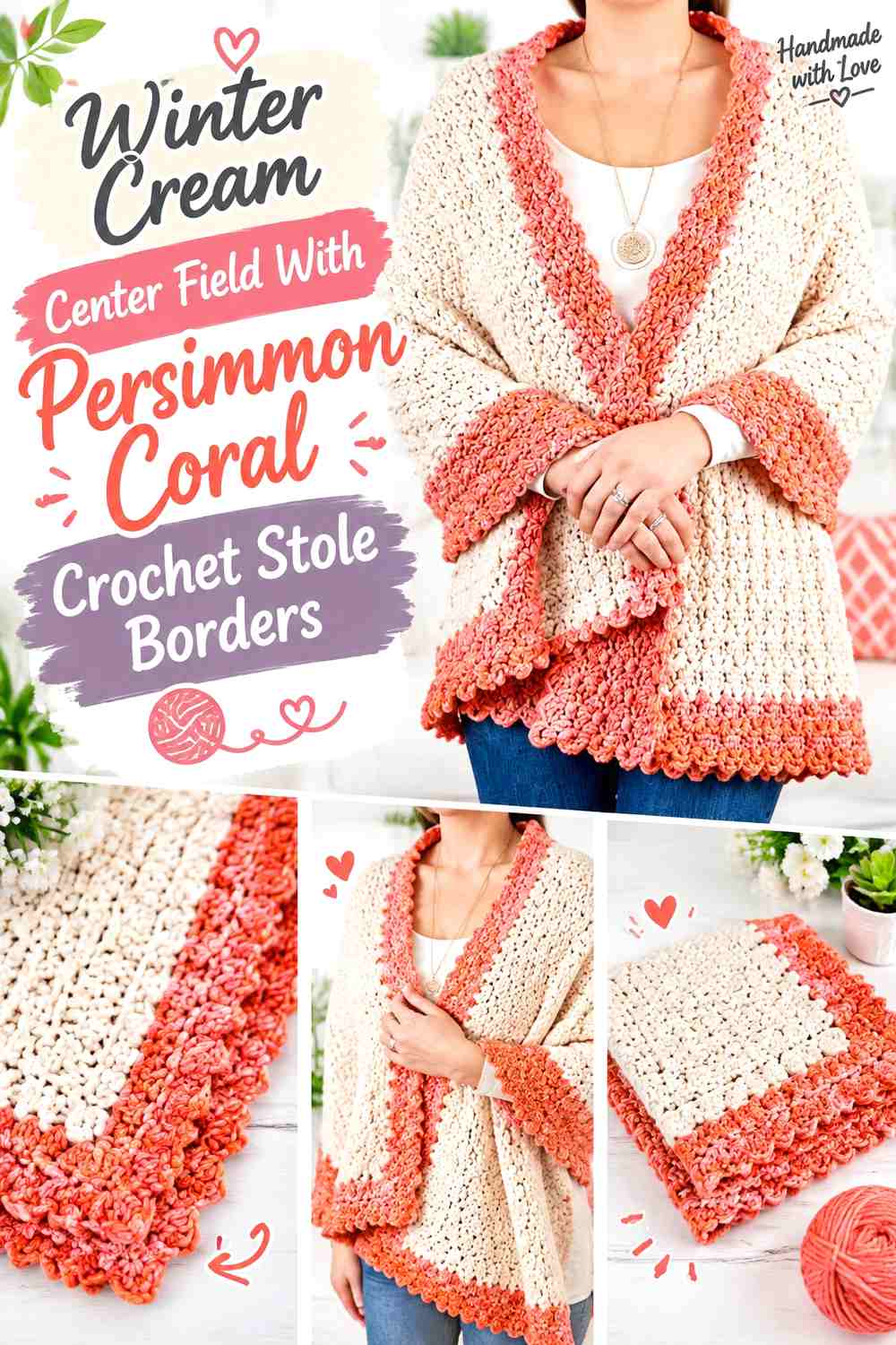 Winter Cream Center Field With Persimmon Coral Crochet Stole Borders
