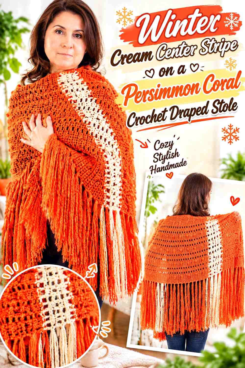 Winter Cream Center Stripe on a Persimmon Coral Crochet Draped Stole