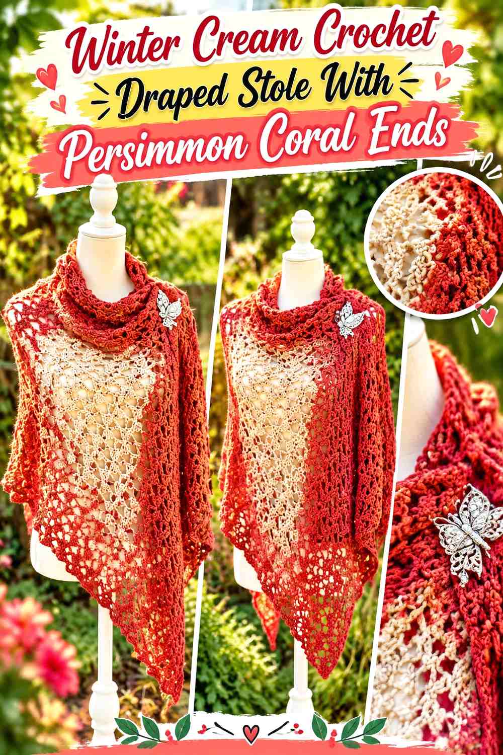 Winter Cream Crochet Draped Stole With Persimmon Coral Ends