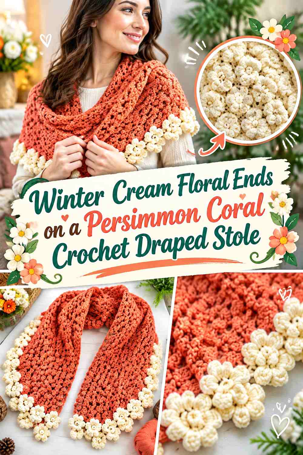 Winter Cream Floral Ends on a Persimmon Coral Crochet Draped Stole
