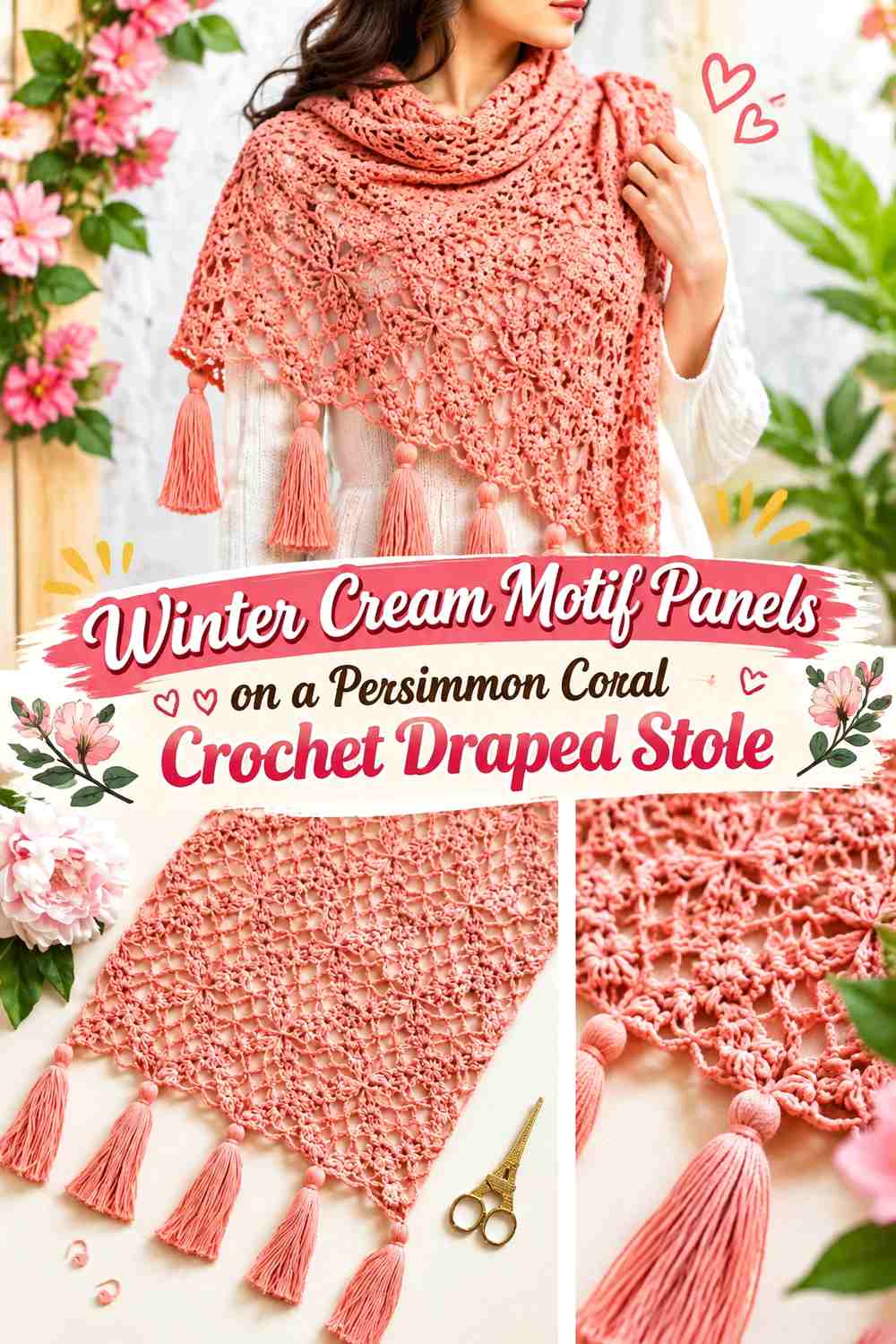 Winter Cream Motif Panels on a Persimmon Coral Crochet Draped Stole