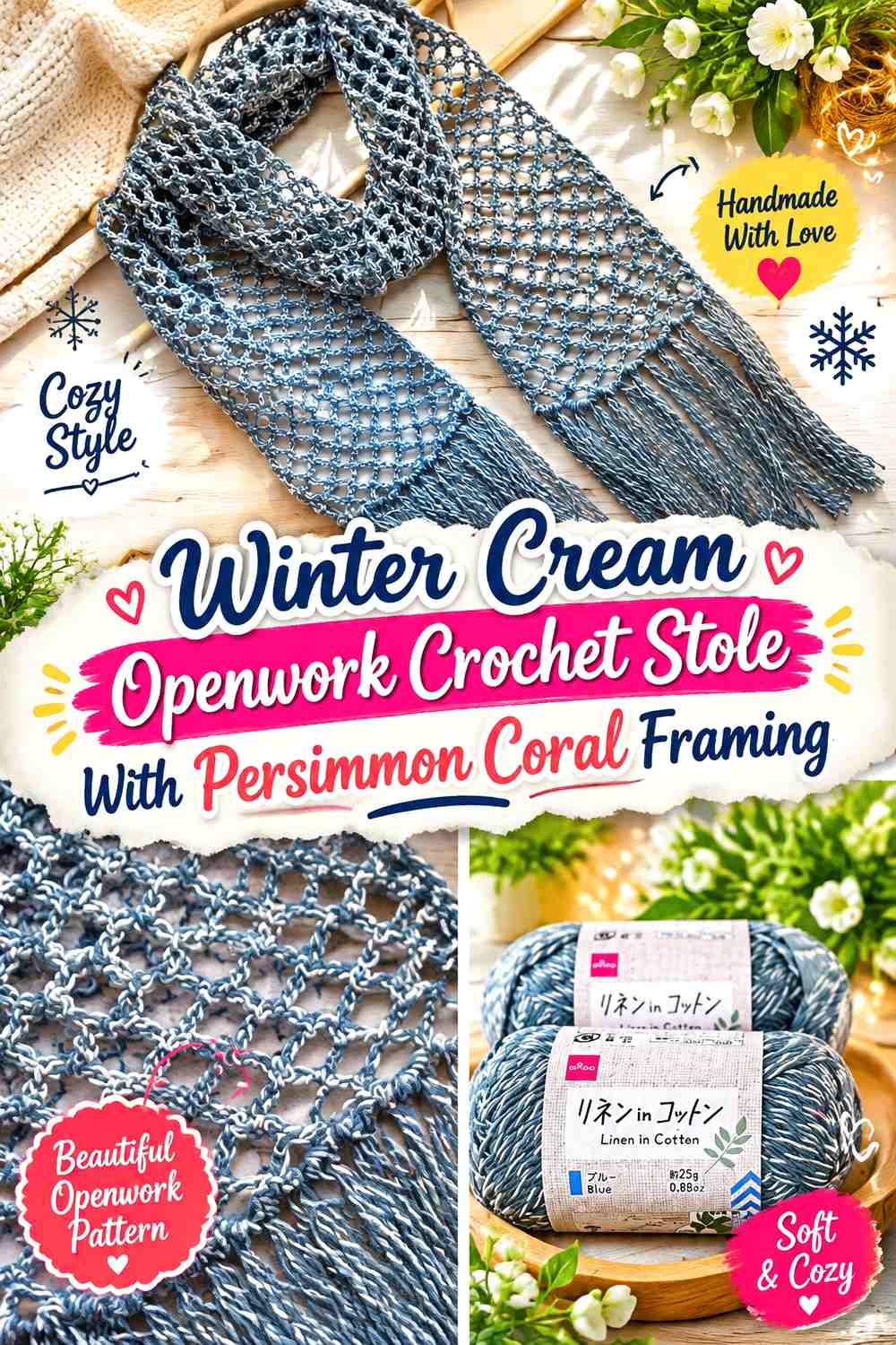 Winter Cream Openwork Crochet Stole With Persimmon Coral Framing