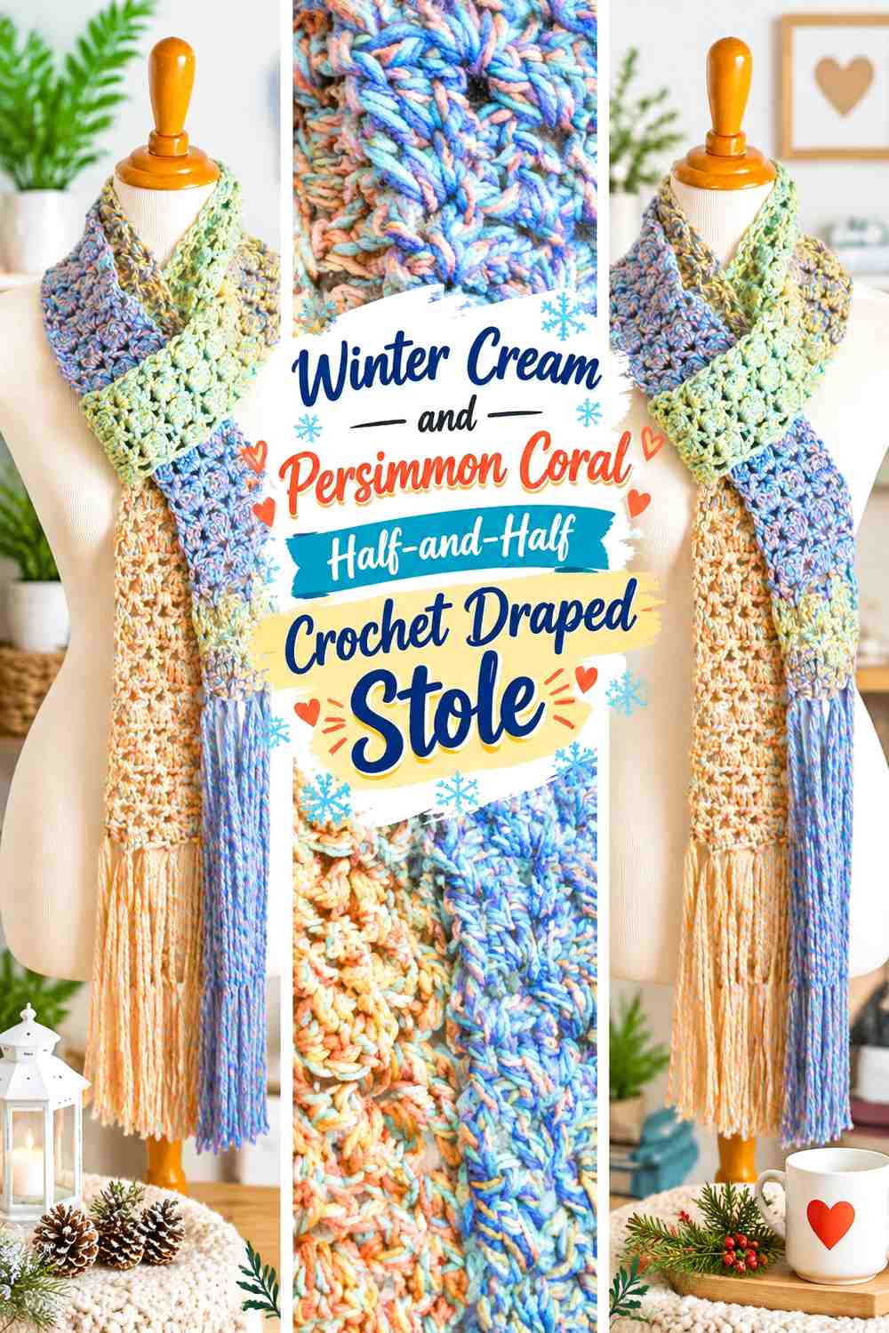 Winter Cream and Persimmon Coral Half-and-Half Crochet Draped Stole