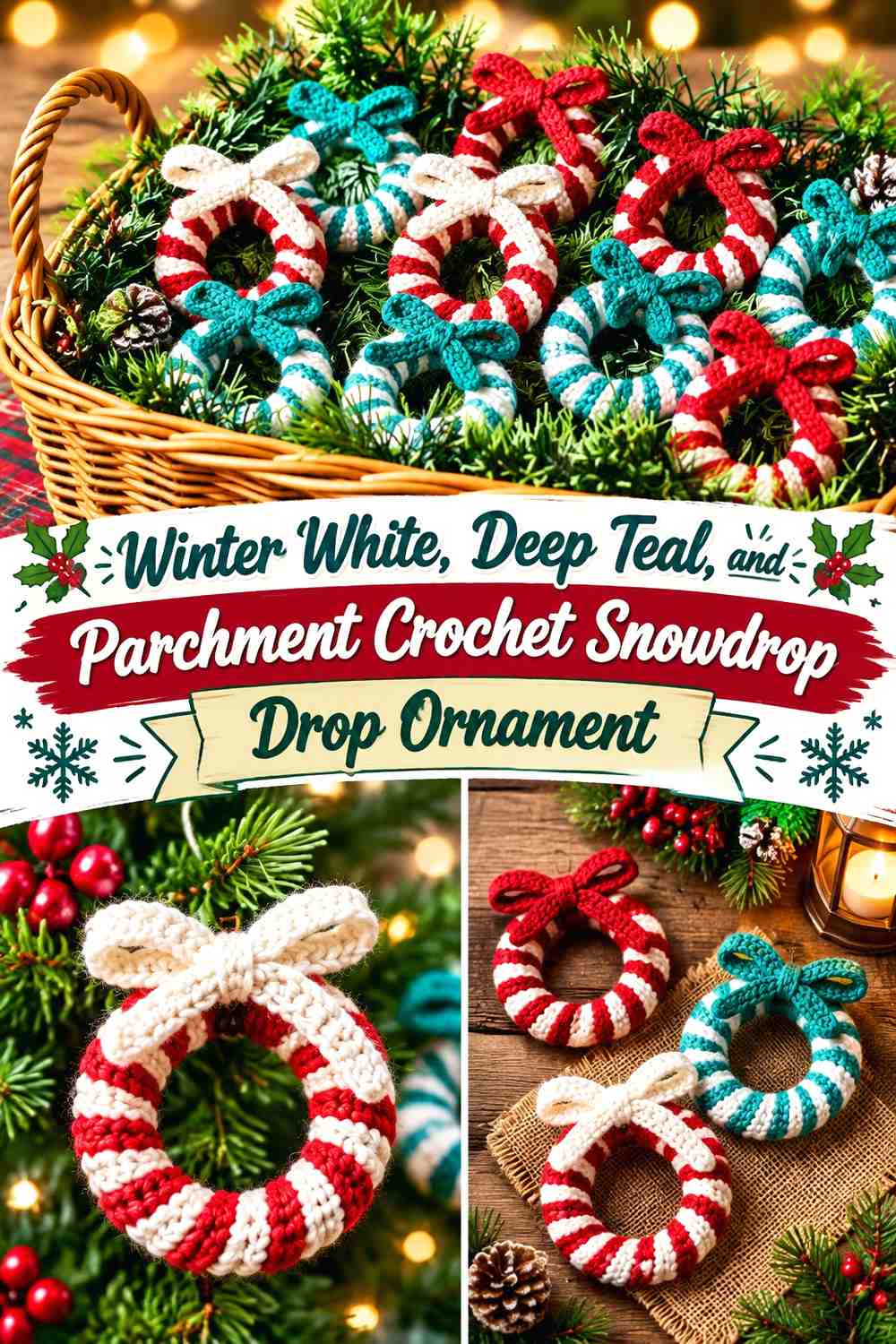 Winter White, Deep Teal, and Parchment Crochet Snowdrop Drop Ornament