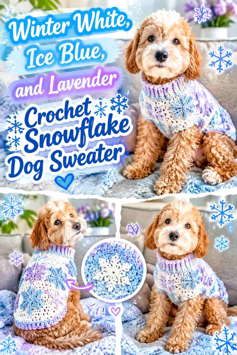 Winter White, Ice Blue, and Lavender Crochet Snowflake Dog Sweater