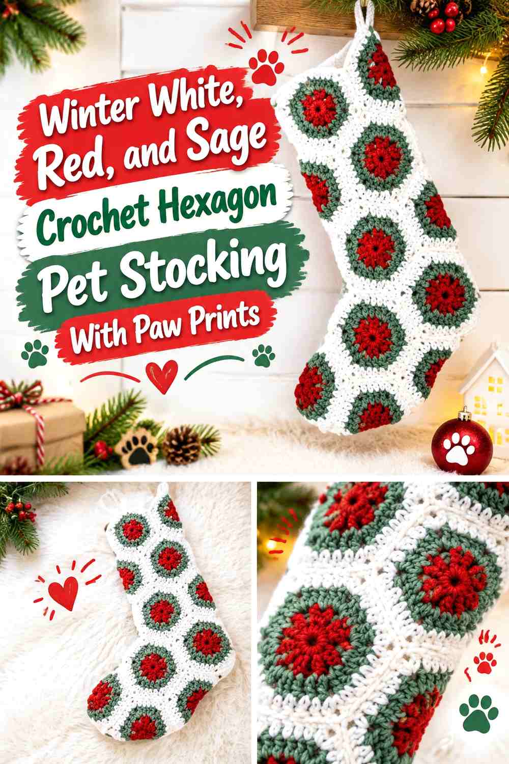 Winter White, Red, and Sage Crochet Hexagon Pet Stocking With Paw Prints