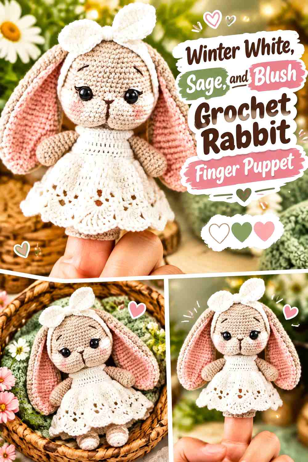 Winter White, Sage, and Blush Crochet Rabbit Finger Puppet