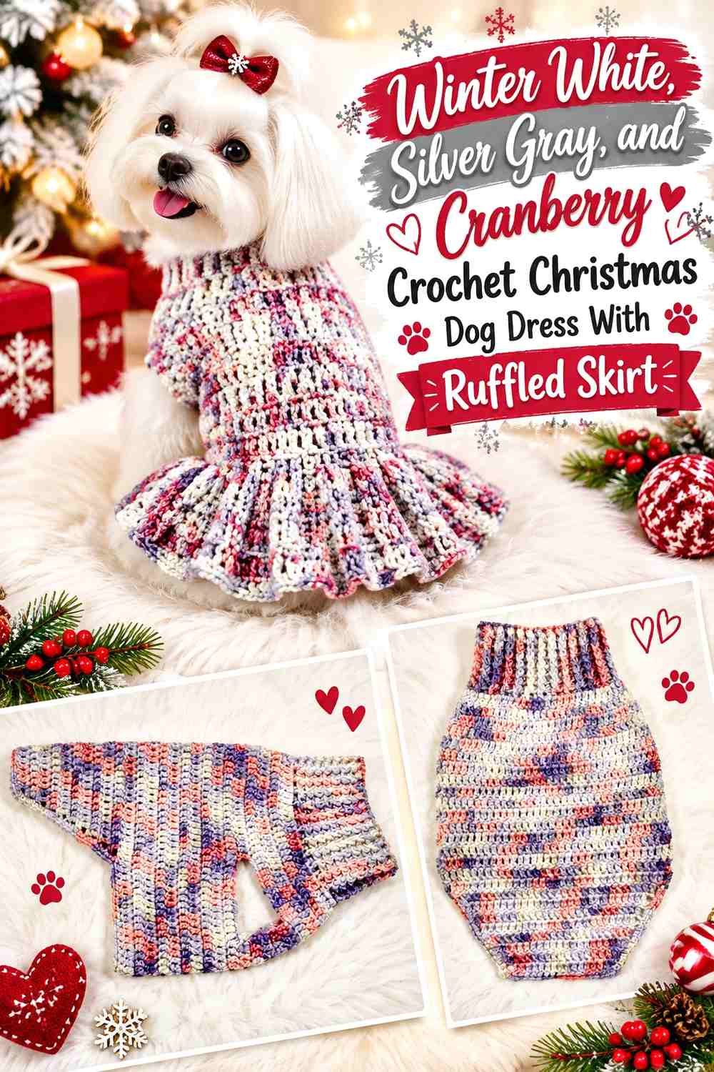 Winter White, Silver Gray, and Cranberry Crochet Christmas Dog Dress With Ruffled Skirt