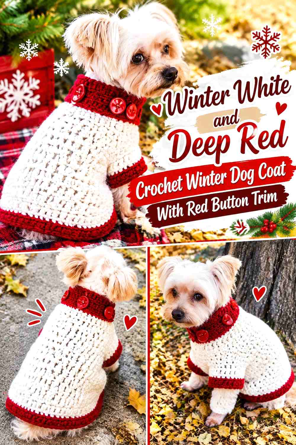 Winter White and Deep Red Crochet Winter Dog Coat With Red Button Trim