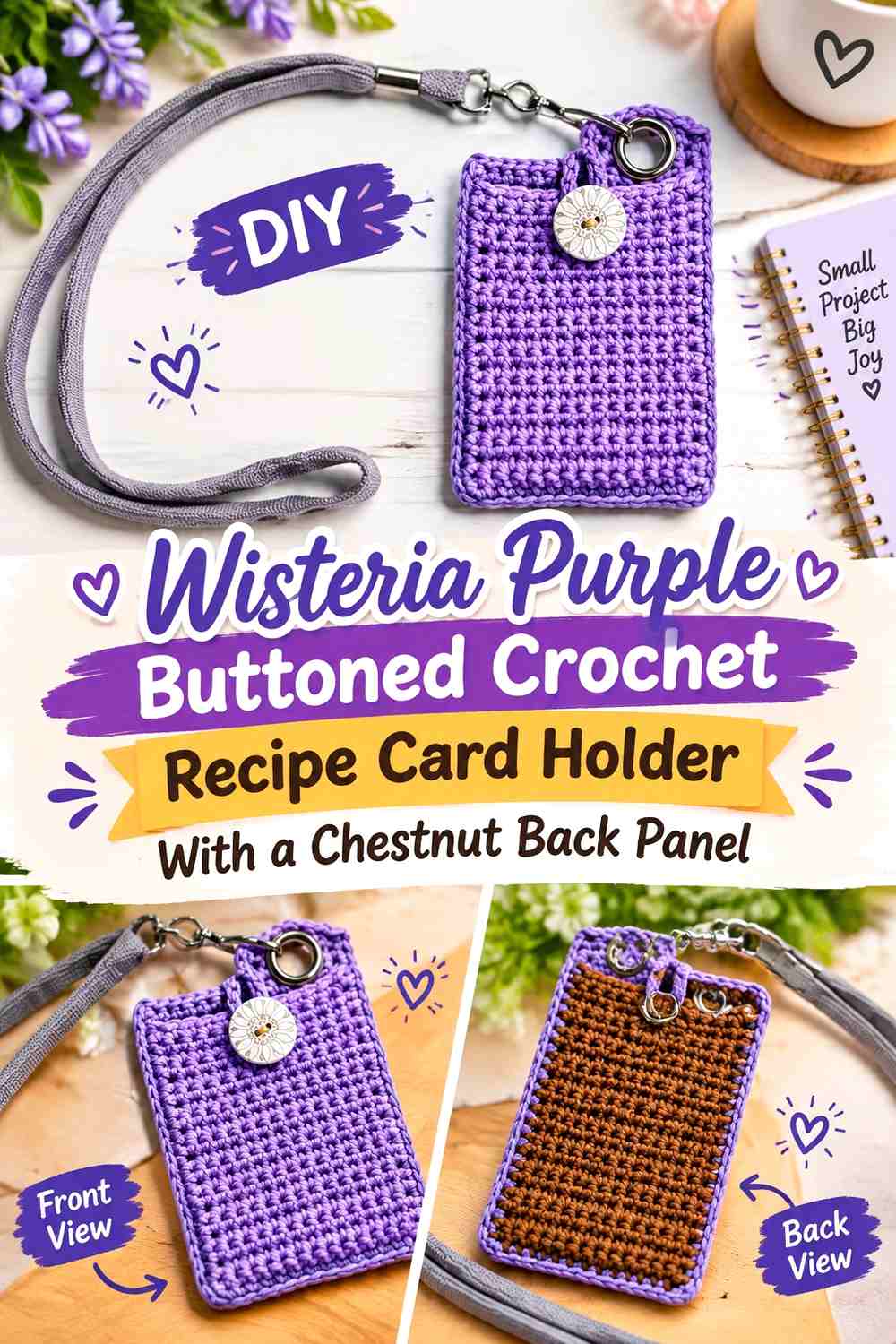 Wisteria Purple Buttoned Crochet Recipe Card Holder With a Chestnut Back Panel