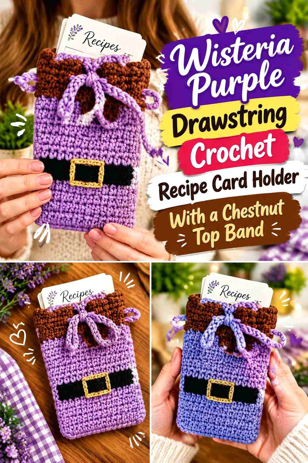 Wisteria Purple Drawstring Crochet Recipe Card Holder With a Chestnut Top Band