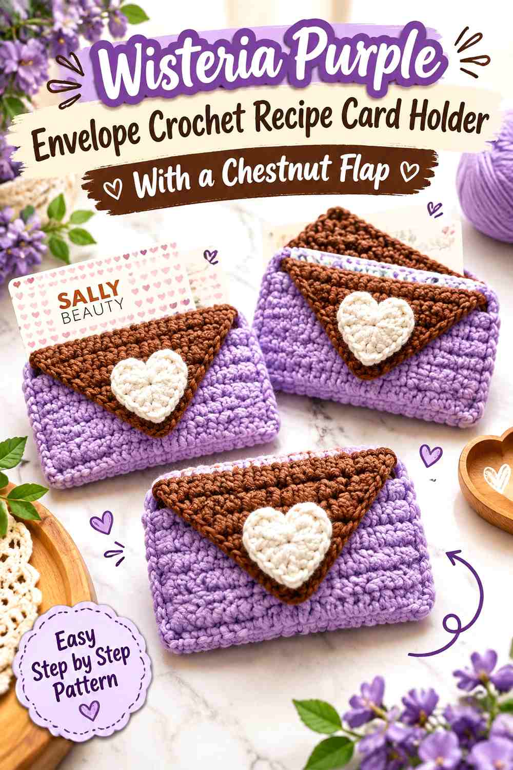 Wisteria Purple Envelope Crochet Recipe Card Holder With a Chestnut Flap
