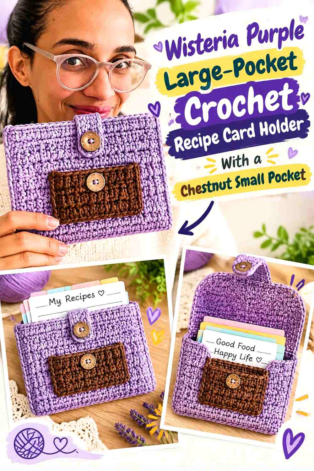 Wisteria Purple Large-Pocket Crochet Recipe Card Holder With a Chestnut Small Pocket