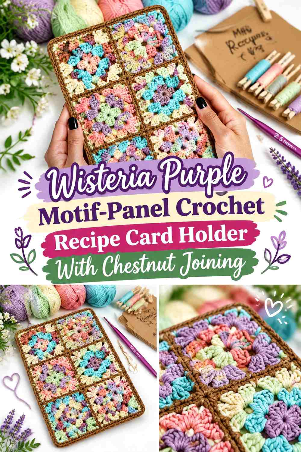 Wisteria Purple Motif-Panel Crochet Recipe Card Holder With Chestnut Joining