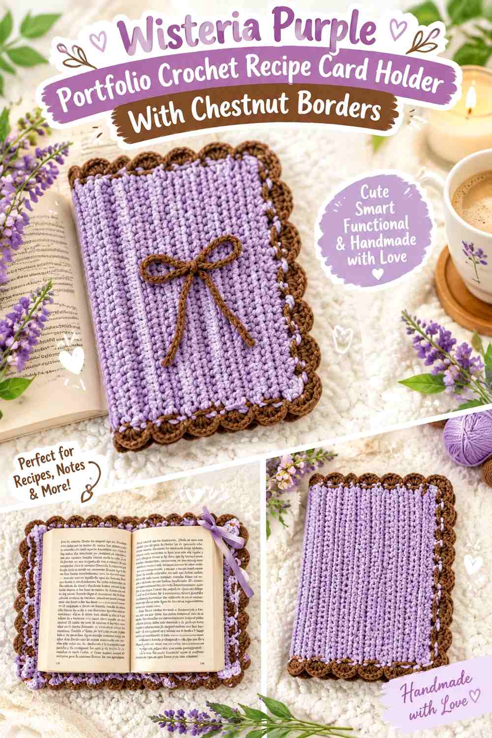 Wisteria Purple Portfolio Crochet Recipe Card Holder With Chestnut Borders