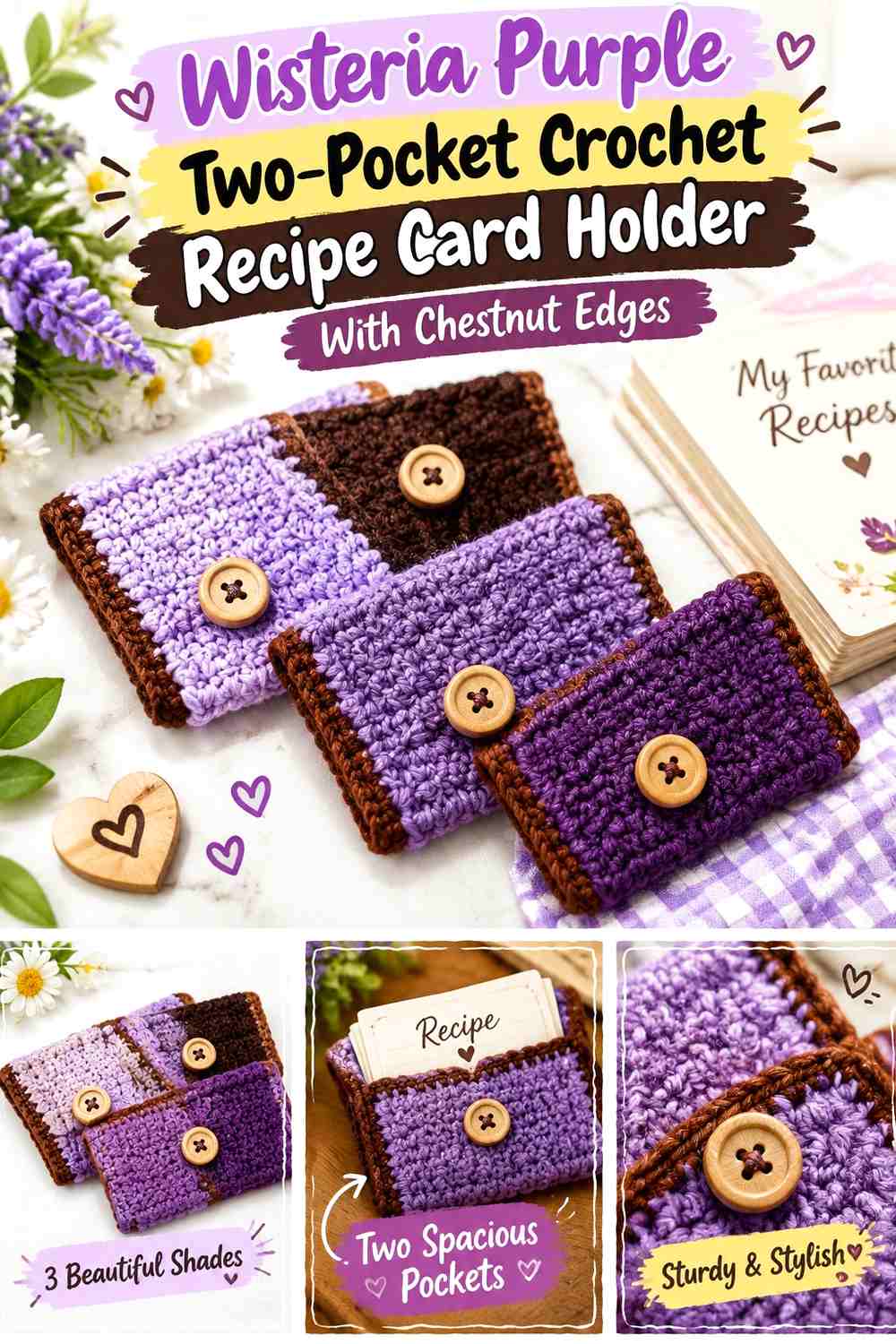 Wisteria Purple Two-Pocket Crochet Recipe Card Holder With Chestnut Edges