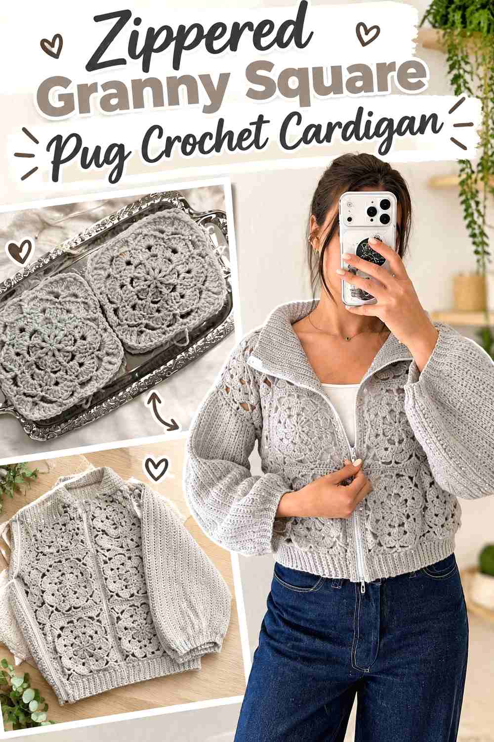 Zippered Granny Square Pug Crochet Cardigan
